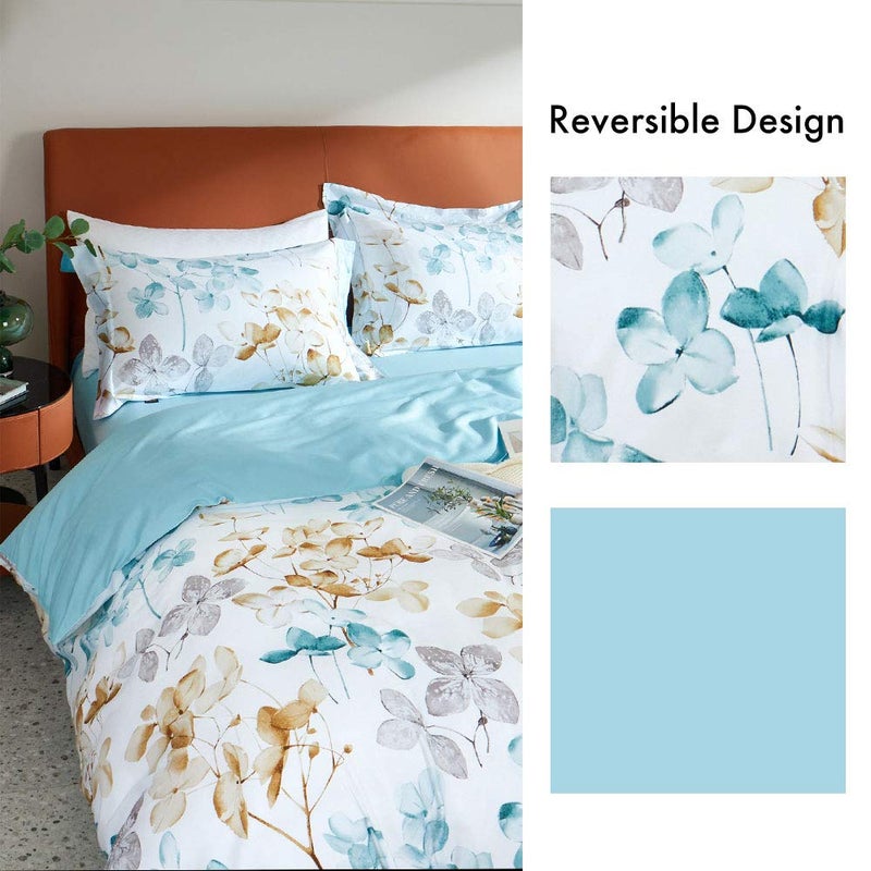 MILDLY 100% Long Staple Cotton Duvet Cover Set Blue Gold Grey Leaves Printed Comforter Cover Set Watercolor Plant - Image 3
